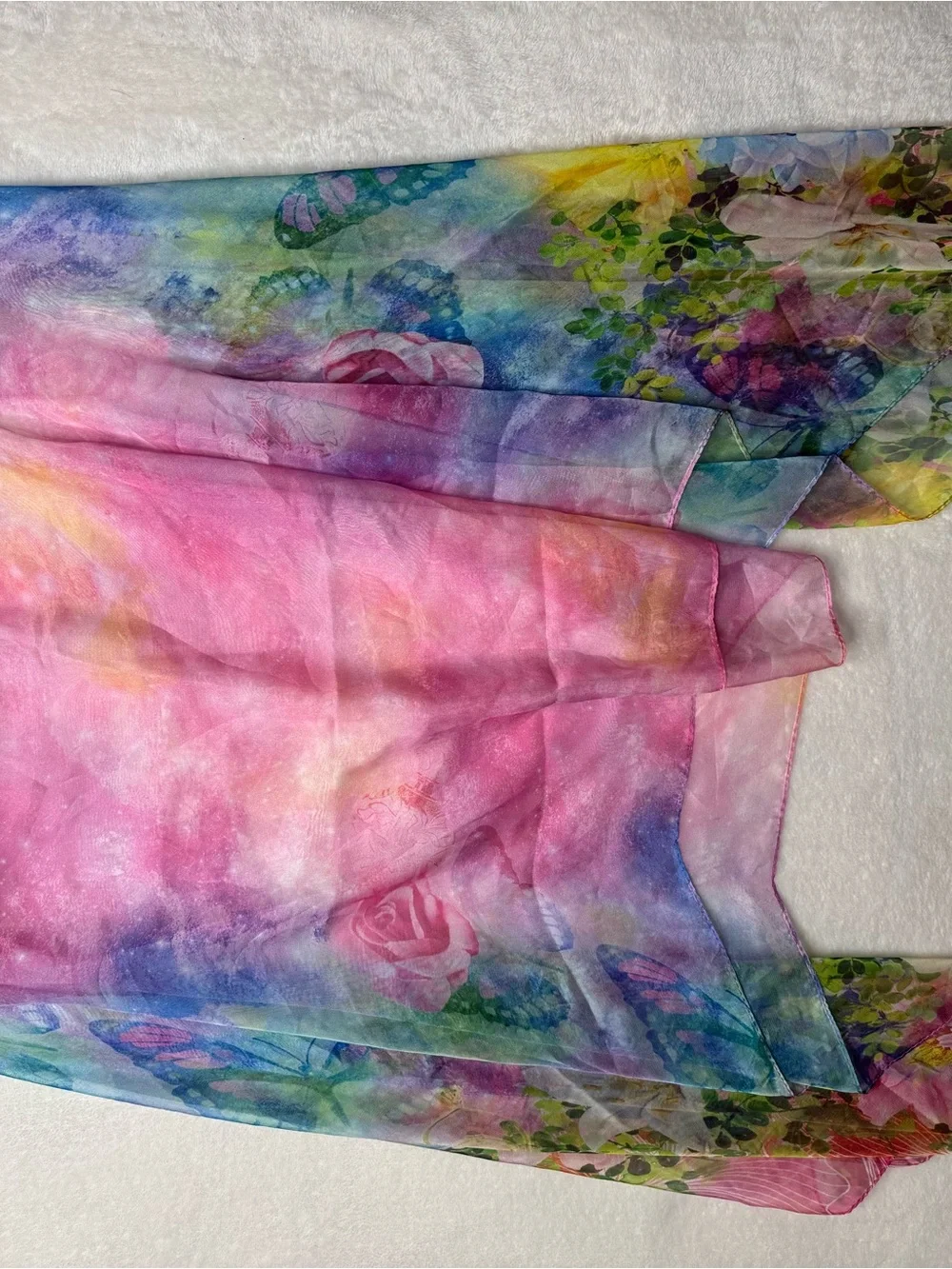 100% Silk Chiffon Sheer Floral Poncho Wrap Top Shawl Pearls Boho Resortwear